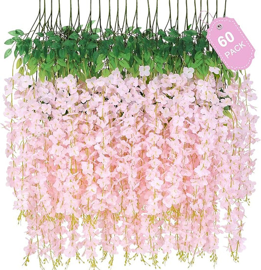 60 Pack Light Pink Wisteria Hanging Flowers, Fake Flowers for Decoration, Artificial Hanging Flowers,Vines for Bedroom,Flower Garland for Home,Party,Garden, Wall,Wedding Decoration(3.6 Ft/Pcs)