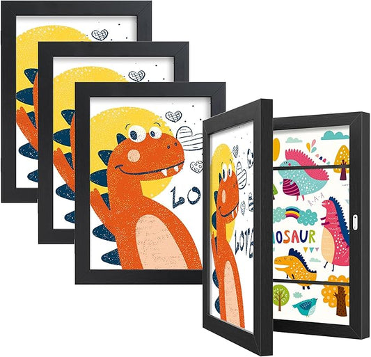 BAIJIALI Black Art Frames for Kids Artwork - Front Opening Holds 150 Drawings, 3D Crafts - 4 Packs 8.5x11 with mat or 9x12 without Mat