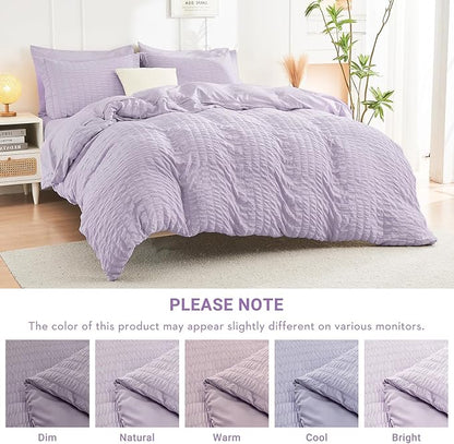 HYMOKEGE Lavender King Size Comforter Set Seersucker 7 Pieces, All Season Luxury Bed in a Bag for Bedroom, Bedding Set with Comforters, Sheets, Pillowcases & Shams