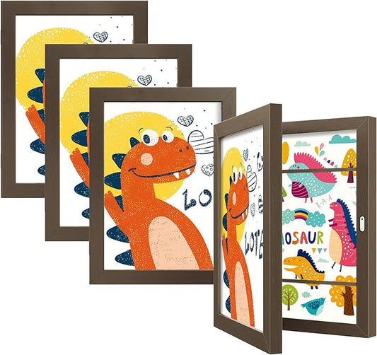 BAIJIALI Brown Art Frames for Kids Artwork - Front Opening Holds 150 Drawings, 3D Crafts - 4 Packs 8.5x11 with mat or 9x12 without Mat