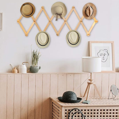 WEBI Accordion Wall Hanger,Expandable Wooden Coat Rack Wall Mounted,Accordion Hat Rack for Wall Rack for Hats,Caps,16 Peg Hooks,Natural