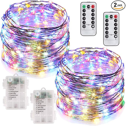 MUMUXI 2 Pack 33ft Fairy Lights with Remote, 100 LED Battery Operated Christmas String Lights, 8 Modes Timer, Waterproof Outdoor Indoor Twinkle LEDs, Warm White, Battery Powered Decoration