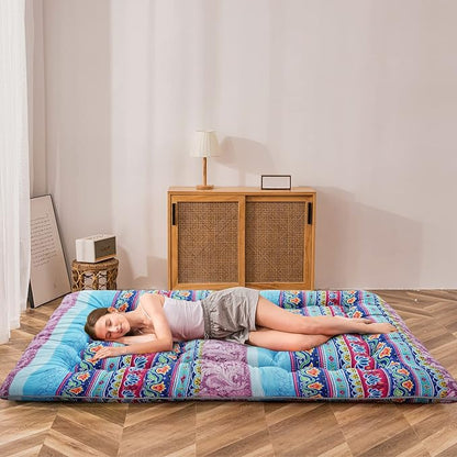 MAXYOYO Bohemian Vintage Floral Japanese Futon Mattress - Roll Up Tatami Floor Mat, Foldable Bed, Portable Camping Mattress, Sleeping Pad, Floor Lounger, Couch Bed - Queen Size