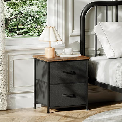 Somdot Nightstand Set of 2, Small Dresser for Bedroom with 2 Drawers,Night Stand Bedside Table End Table with Fabric Bins for Bedroom Kids Closet Dorm Guest Room, Black Rustic Brown