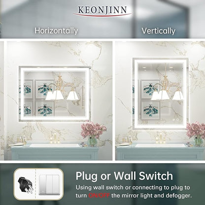 Keonjinn LED Bathroom Mirror with Lights, 28 x 36 Inch Front Lighted Vanity Mirror, HD Tempered Glass, UL-Listed LED Driver, Anti-Fog, 6000K Dimmale, Memory Function, Easy Installation