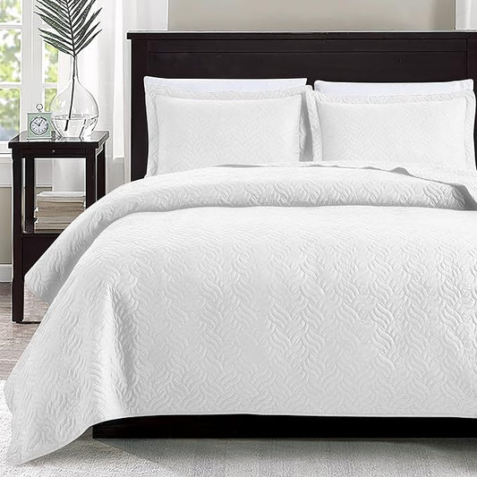 Love's cabin Quilts for Queen Bed White Bedspreads - Soft Bed Summer Lightweight Bedspread Comforter - Modern Style Wave Pattern Coverlet for All Season - 3 Pieces (1 Quilt, 2 Pillow Shams)