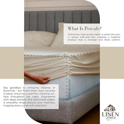 Linen Home 100% Cotton Percale Sheets Queen Size, Light Taupe, Deep Pocket, 4 Pieces Set - 1 Flat, 1 Deep Pocket Fitted Sheet and 2 Pillowcases, Crisp Cool and Strong Bed Linen