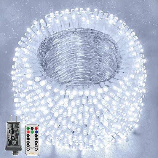 Ollny Christmas Lights Outdoor Waterproof, 1000LED 328FT Super Long String Lights with Remote 3 Timer, Plug in 8 Modes Fairy Light for Outside House Bedroom Xmas Decorations, Cool White