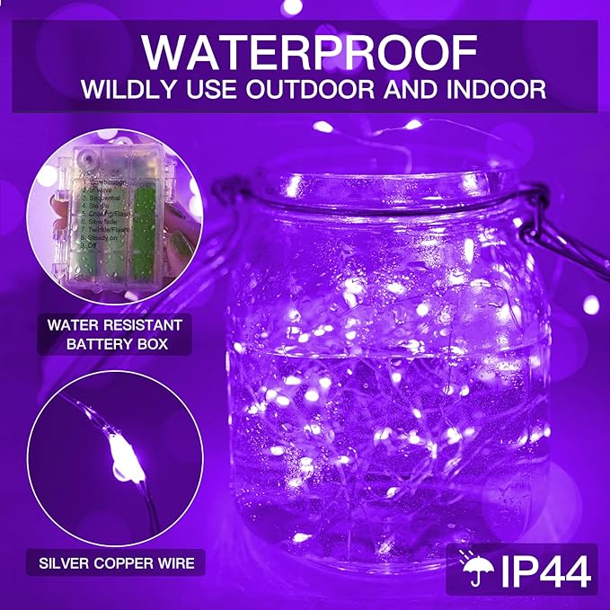 suddus Hallowee Fairy Lights Battery Operated, 33ft 100 LED Fairy Lights with Remote, Purple String Lights for Outside, Porch, Home, Backyard, Window, Yard, Garland, Party Decorations