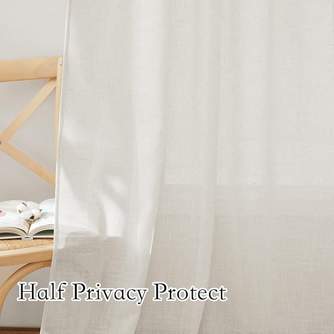 RYB HOME Natural Linen Blend Curtains - Semi Sheer Privacy Window Drapes, Soft Breathable Vintage Light Filtering Sheer Curtains 108 Inches Long for Sliding Door Bedroom, W 52 x L 108, 2 Pcs, Linen