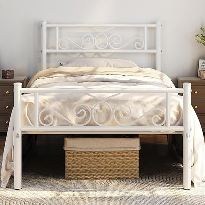 Yaheetech Twin Bed Frames Metal Platform Bed with Headboard and Footboard No Box Spring Needed Easy Assembly,Under-Bed Space: 12.6''/White/Twin Bed