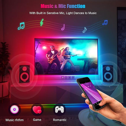 PANGTON VILLA LED Lights for TV 40-60 Inch, 10FT (1 Roll of 10ft) ICRGB TV LED Backlight Kit with Bluetooth APP & 24 Keys Remote, Music Sync Lights Behind, USB Cable Powered, Not Waterproof
