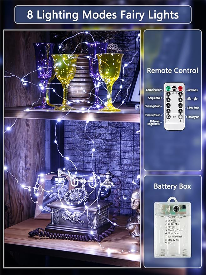 3 Pack Fairy Lights Battery Operated with Remote Control Timer, 26 FT 80 LED String Lights Outdoor Indoor, 8 Mode Twinkle Lights for Christmas Party Wedding Birthday Bedroom Décor (Cool White)