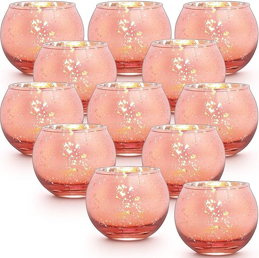 12 Pcs Rose Gold Candle Holders for Birthday Party Decorations- Mercury Glass Votives Tea Lights Holders for Wedding/Bridal Shower/Mother's Day Table Centerpieces, Rose Gold Party Supplies for Women