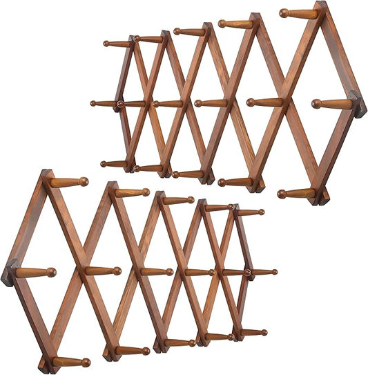 WEBI Accordion Wall Hanger,Expandable Wooden Coat Rack,Accordion Hat Rack for Wall for Hats,Caps,16 Peg Hooks,Brown,2 Packs