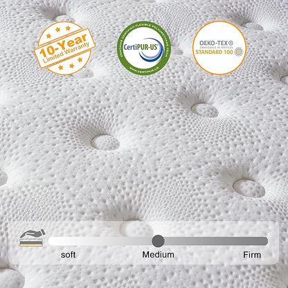 Queen Mattress, 10 Inch Hybrid Mattress in a Box, Memory Foam and Individual Pocket Springs, Fiberglass Free, Soft and Breathable, Medium Firm Feel