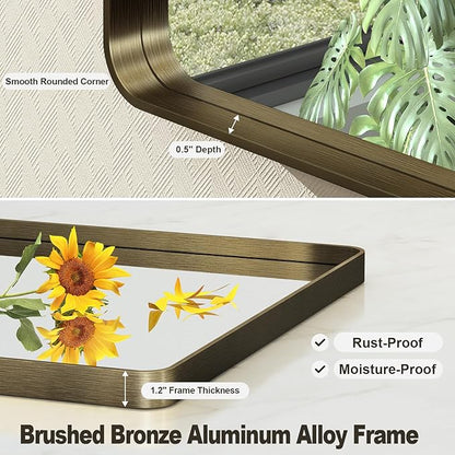 28x36 Inch Bronze Framed Bathroom Mirror, Brushed Bronze Metal Vanity Mirror, Rounded Bronze Rectangle Mirror, Tempered Glass, Anti-Rust, Shatterproof (Horizontal/Vertical)