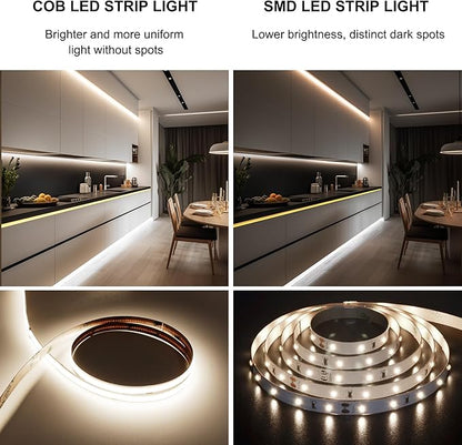 COB LED Strip Lights Cool White,24V Dimmable led Light Strip KIT with Remote and app Control,6000K 50FT/15m 8mm Wide Ra>90 Cuttable Flexible Strip Lights for Bedroom,Shelf,Cabinet