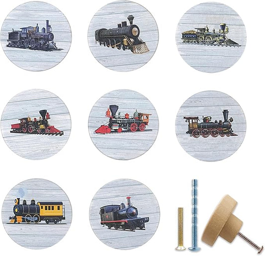 8Pack1.8 Wooden Vintage Train Steam Engine Knob Cabinet Handles Kid's Nursery Room Furniture Dresser Drawer Pulls Knobs