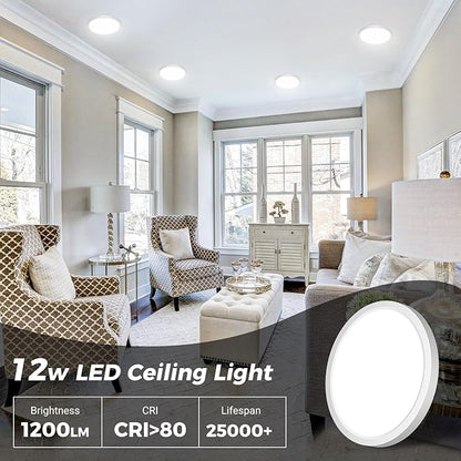 6PACK Flush Mount LED Ceiling Light Fixture - White, 6.5Inch 12Watt, Dimmable & 3000K-4000K-6500K 3 Color Selectable Ceiling Lamp - 1200LM Low Profile Light for Kitchen, Bedroom, Hallway, Porch