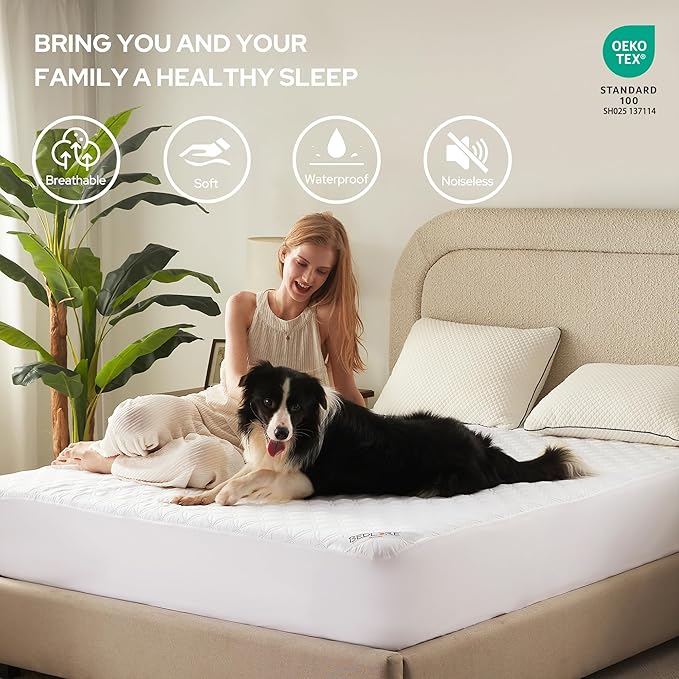 BEDLORE Waterproof Mattress Protector, King Size Noiseless Mattress Pad with Deep Pocket Fitted Up to 6-18 inches, Soft Noiseless Bed Mattress Cover Washable for Home, Bedroom, Hotel (White)