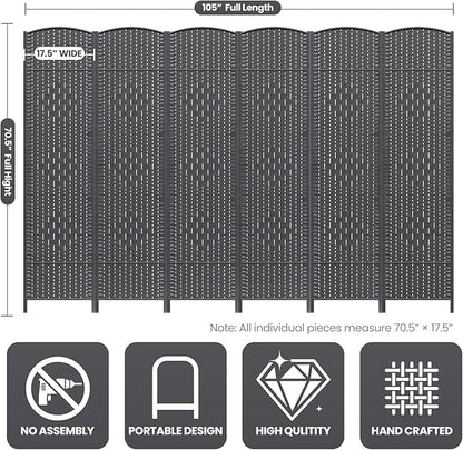 6 Panel Room Divider,6Ft Folding Privacy Screen,Tall - Extra Wide Foldable Panel Partition Wall Divider with Diamond Double-Weaved Hand-Woven Design Room Screen Divider