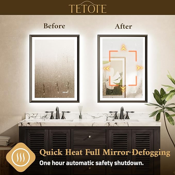 TETOTE LED Mirror for Bathroom Black Metal Frame 40x32 Frontlit & Backlit Lighted Vanity Mirror Baroque Gothic Anti Fog Stepless Dimmable White/Warm/Natural,CRI90+,Waterproof(Horizontal/Vertical)