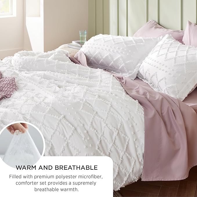 Bedsure Queen Comforter Set - Ivory Comforter, Boho Tufted Shabby Chic Bedding for Kids, 3 Pieces Vintage Farmhouse Bed Set for All Seasons, Fluffy Soft Bedding with 2 Pillow Shams