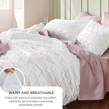 Bedsure Queen Comforter Set - Ivory Comforter, Boho Tufted Shabby Chic Bedding for Kids, 3 Pieces Vintage Farmhouse Bed Set for All Seasons, Fluffy Soft Bedding with 2 Pillow Shams