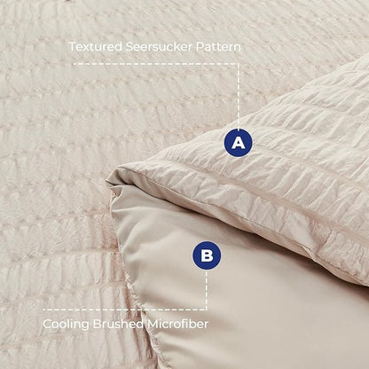 HYMOKEGE Beige California King Comforter Set Seersucker 7 Pieces, All Season Luxury Bed in a Bag for Bedroom, Bedding Set with Comforters, Sheets, Pillowcases & Shams