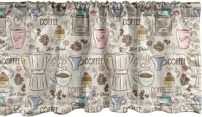 Ambesonne Modern Window Valance, Coffee Time Vintage Espresso Machine Cupcakes Beans Design, Curtain Valance for Kitchen Bedroom Decor with Rod Pocket, 42" x 18", Pale Pink Beige