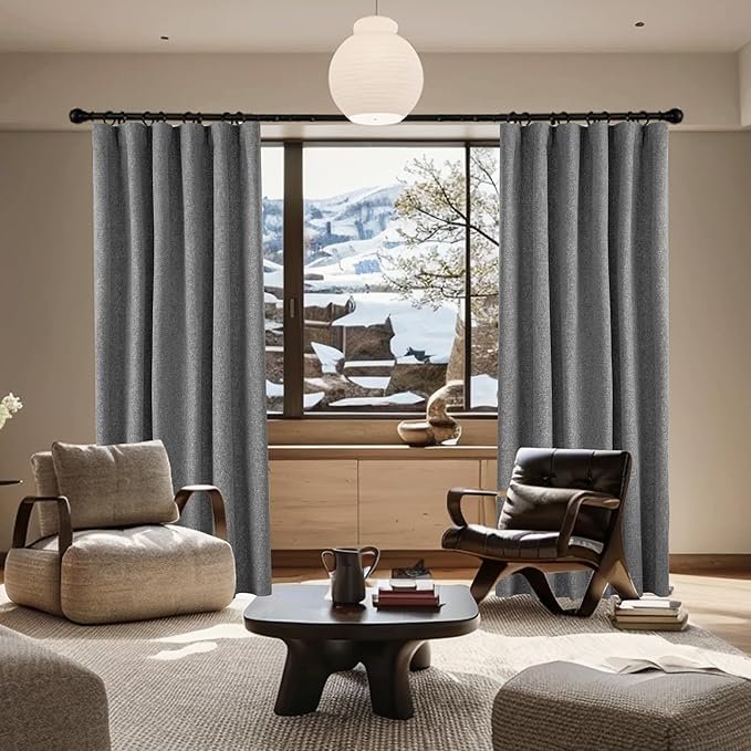 KangBang 100% Blackout Linen Curtains 72Wx84L Inch, Back Tab Room Darkening Neutral Gray Curtains for Offices Living Room, Thermal Insulated Morden Soft Thick Linen Curtains, 2 Panels