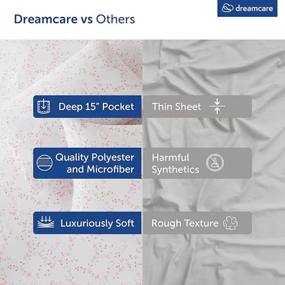 DREAMCARE Queen Size Sheets - Cooling Bed Sheets - 4pcs Set - Queen Sheet Set - Sheets Queen Size Bed - Queen Size Sheet Sets - Soft & Long Lasting 100% Fine Brushed Floral Sheets - Floral Blue