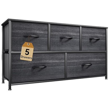 DWVO Dresser with 5 Drawers - Fabric Storage Tower, Organizer Unit for Bedroom, Living Room, Closets - Sturdy Steel Frame, Wooden Top