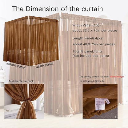 Akiky Canopy Bed Curtain with Lights Bed Drapes for Girls Adults Soft Bed Canopy Scarf for Bed Room Decoration (Full/Queen, Coffee)