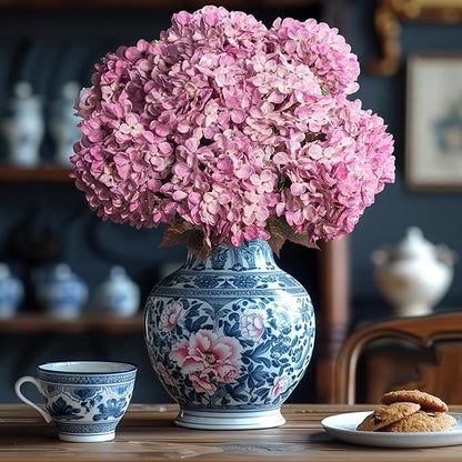 Artificial Flower Fake Silk Hydrangea Heads Bouquet with Stems Bulk for Fall Decoration Table Center Christmas Indoor Outdoor Faux Floral Realistic with Leaves Plants Crafts 8PCS(Pink)