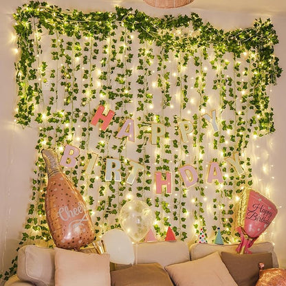 KASZOO 84Ft 12 Pack Artificial Ivy Garland Fake Plants, Vine Hanging Garland with CE Certified 80 LED String Light, Hanging for Home Bedroom Garden Party Wedding Wall Room Decor, Green