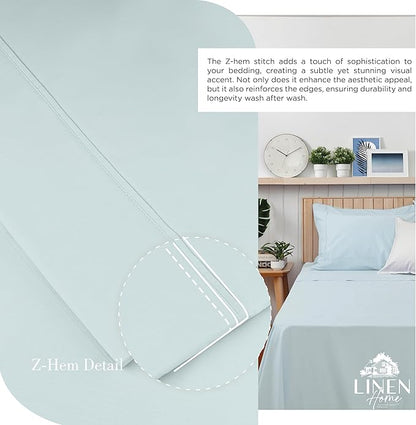 Linen Home 100% Cotton Percale Sheets Queen Size, Blue Duck Egg, Deep Pocket, 4 Pieces Set - 1 Flat, 1 Deep Pocket Fitted Sheet and 2 Pillowcases, Crisp Cool and Strong Bed Linen
