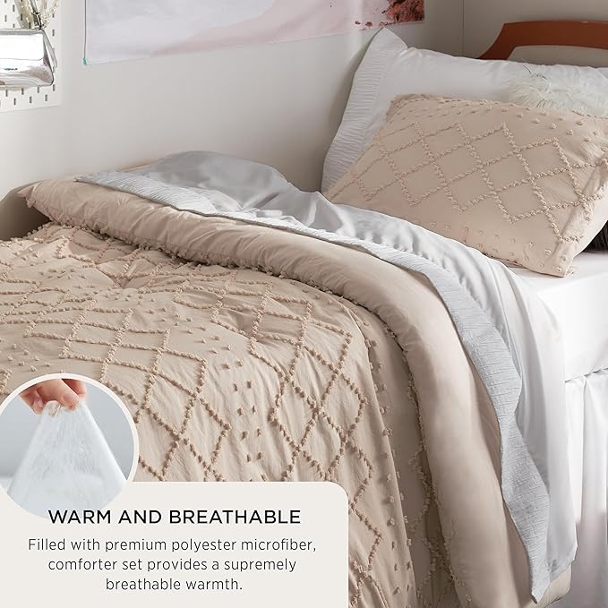 Bedsure Twin Comforter Set - Warm Tan Comforter, Boho Tufted Shabby Chic Bedding for Kids, 2 Pieces Vintage Farmhouse Bed Set for All Seasons, Fluffy Soft Bedding with 1 Pillow Sham