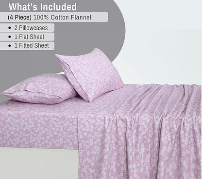 RUVANTI Flannel Sheets California King Size - 100% Cotton Brushed Cal King Bed Sheets Set - Deep Pockets 14 Inches - All Seasons Breathable & Extra Soft - Warm & Cozy, 4 Piece, Pink Flora