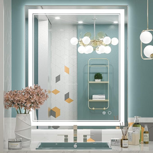 Keonjinn LED Bathroom Mirror, Lighted Vanity Mirror with Lights, 30 x 36 Inch, Dimmable, Anti-Fog, IP54, 6000K, Wall Mounted