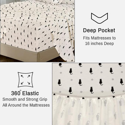 RUVANTI Flannel Sheets Queen Size - 100% Cotton Double Brushed Bed Sheets, Deep Pockets 16 Inches Queen Sheet Set, All Seasons Breathable & Extra Soft - Warm & Cozy, 4 Piece, Black Cat