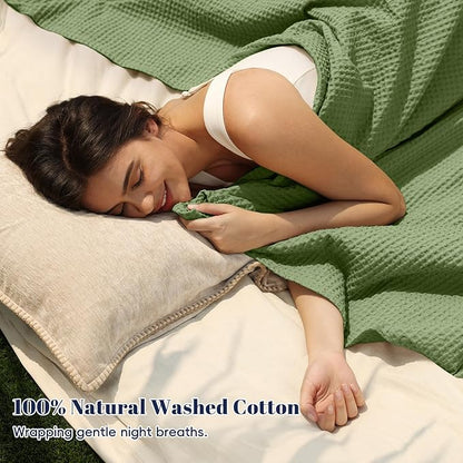 PHF 100% Cotton Waffle Weave Blanket Twin Size for Bed,Snag Proof Lightweight Breathable Moisture-Wicking for Couch,Great for Layering in Cold Weather,Machine Washable,Home Decor Gift-Loden Green