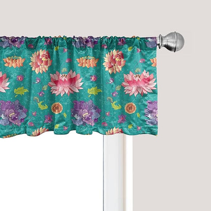 Ambesonne Floral Window Valance Pack of 2, Pattern with Lotus Flowers Peonies and Chrysanthemums Oriental Motifs Garden Art, Rod Pocket Curtain Valances for Kitchen Bedroom, 54" X 12", Teal