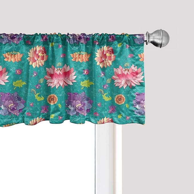 Ambesonne Floral Window Valance Pack of 2, Pattern with Lotus Flowers Peonies and Chrysanthemums Oriental Motifs Garden Art, Rod Pocket Curtain Valances for Kitchen Bedroom, 42" X 18", Teal