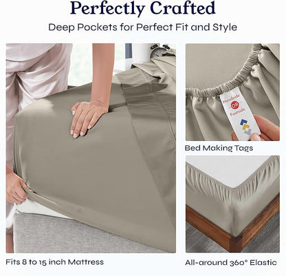 California Design Den Twin XL Sheet Sets - 100% Cotton Sheets, 400 Thread Count Sateen, Deep Pockets, Cooling and Durable Bedding for Dorm Rooms & Adults - Taupe