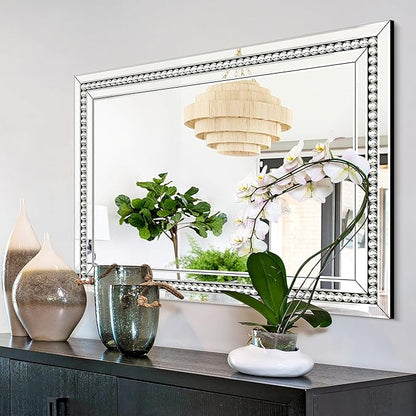 32" X 47" Large Wall Mirror for Decor Living Room, Rectangular Crystal Mirror with Glass Tiles Frame, Unique Horizontally/Vertically Hang for Living Room, Bathroom, Entrance Decor