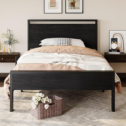 SHA CERLIN 14 Inch Twin Size Metal Platform Bed Frame with Wooden Headboard and Footboard, Mattress Foundation, No Box Spring Needed, Large Under Bed Storage, Heavy Duty Slats Support, Black Oak