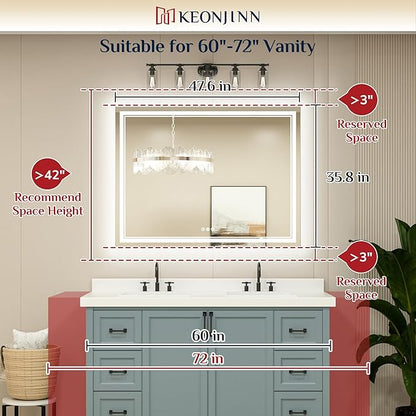 Keonjinn LED Bathroom Mirror 48 x 36 in with Backlit and Front Lights, Stepless 3 Colors Temperature & Dimmable Wall Mirror, UL Listed LED Driver, Tempered Glass Double Lighted Bathroom Vanity Mirror