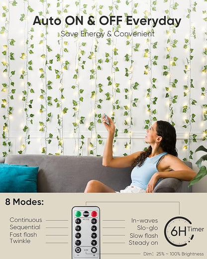 JACKYLED 84Ft 12 Pack Artificial Ivy Garland Fake Plants with 240 LED Curtain Lights USB Plug in/Battery Operated, 8 Modes Fairy String Light with Remote Control, for Bedroom Wall Decorations